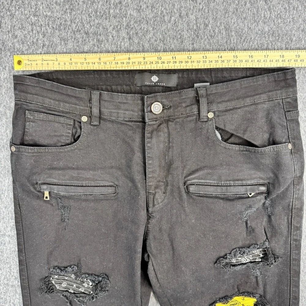 Focus Jeans Black Distressed Moto Biker Jeans Slim Fit 36x32 Stretch Street Wear